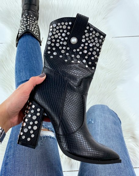 Black croc-effect high heeled ankle boots