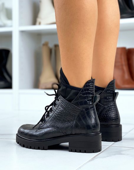 Black croc-effect high-top ankle boots