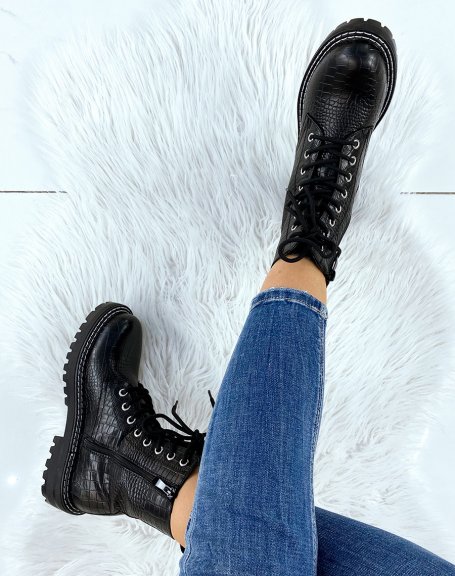 Black croc-effect high-top ankle boots