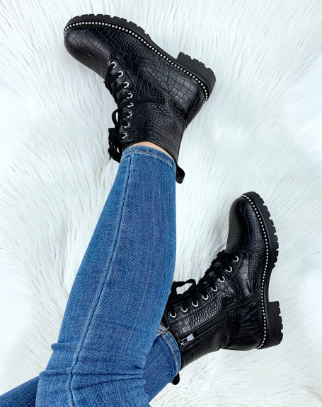 Black croc-effect high-top ankle boots with studs