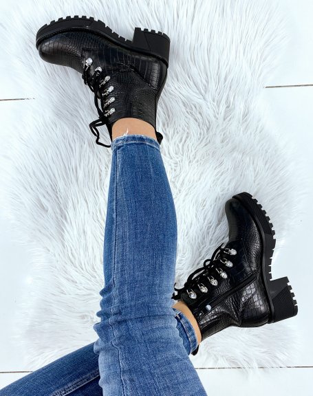 Black croc-effect lace-up ankle boots with rhinestones