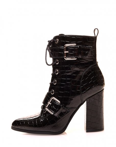 Black croc-effect lace-up heeled ankle boots
