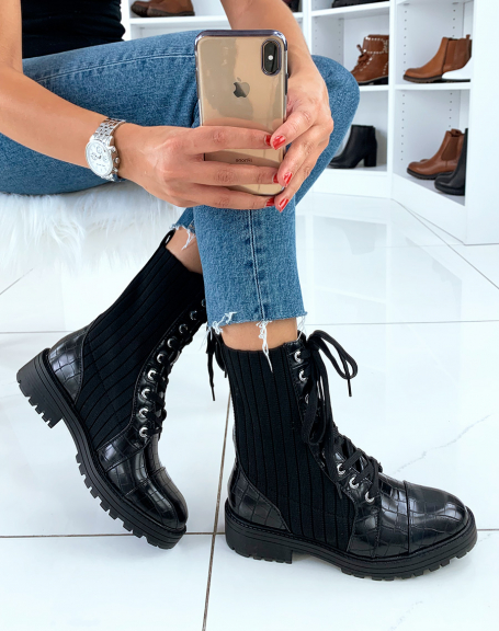 Black croc-effect lace-up high sock ankle boots