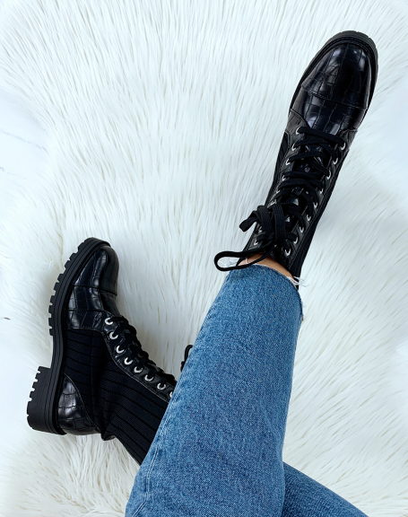 Black croc-effect lace-up high sock ankle boots