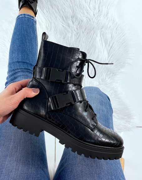 Black croc-effect laced ankle boots with clip-on straps