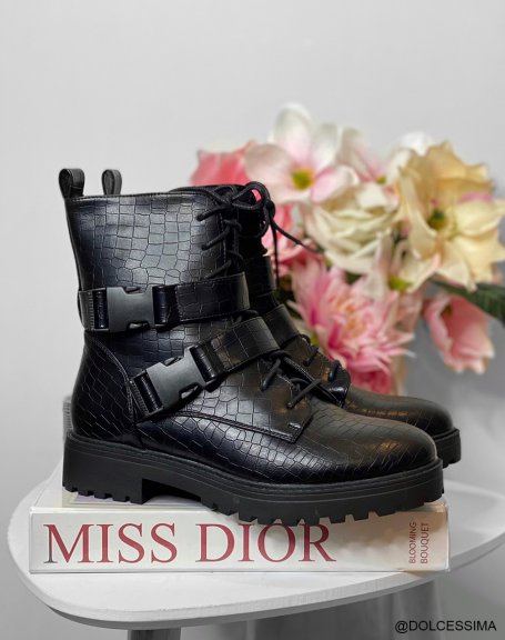 Black croc-effect laced ankle boots with clip-on straps