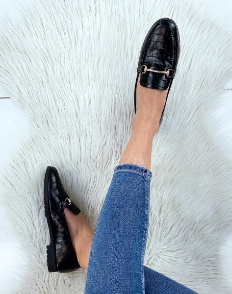Black croc-effect loafers with gold detail