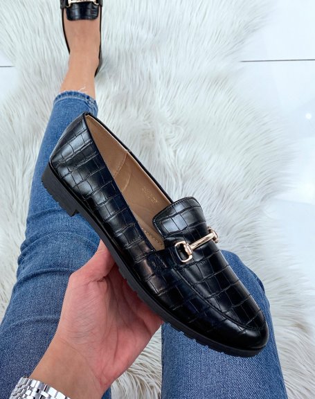 Black croc-effect loafers with gold detail