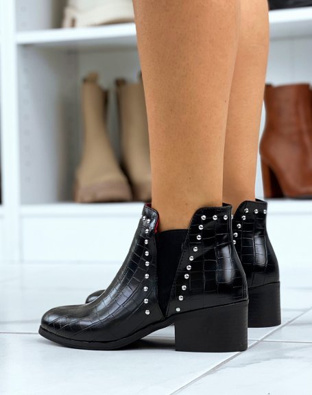 Black croc-effect low ankle boots with studs