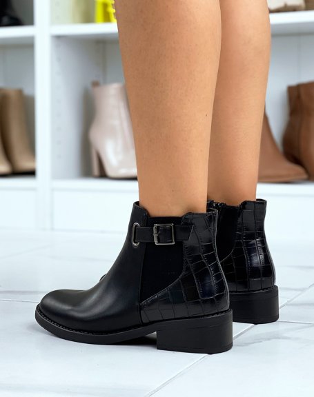 Black croc-effect low boots