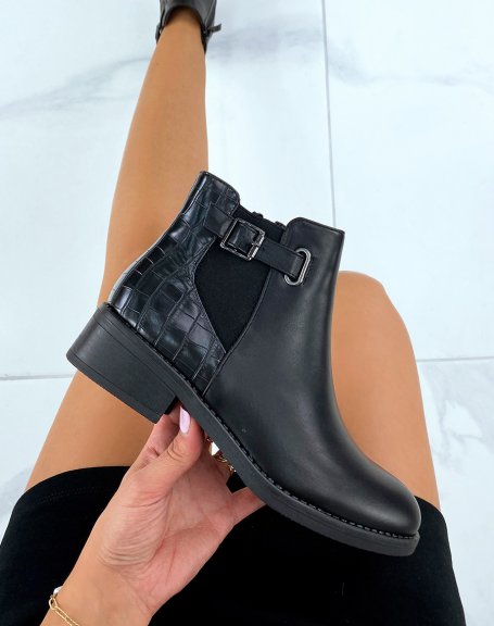 Black croc-effect low boots