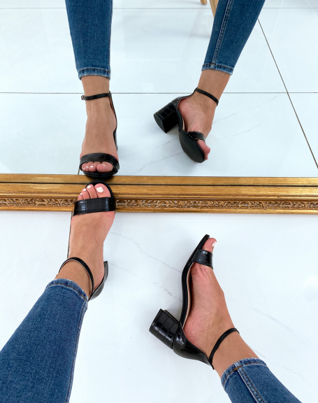 Black croc-effect low-heeled sandals
