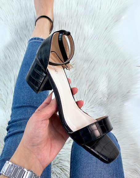 Black croc-effect low-heeled sandals