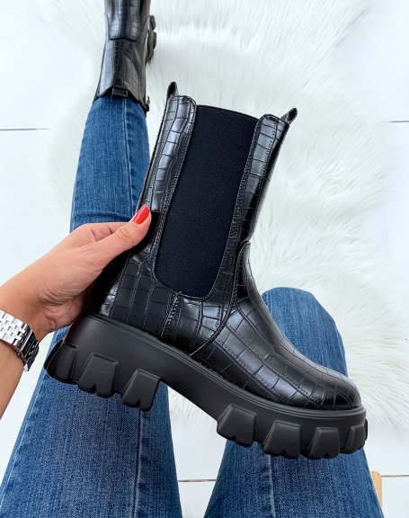 Black croc effect mid-calf boots with chunky sole