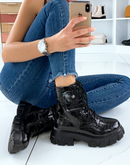 Black croc-effect notched sole ankle boots