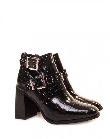 Black croc-effect openwork heel ankle boots with square toe