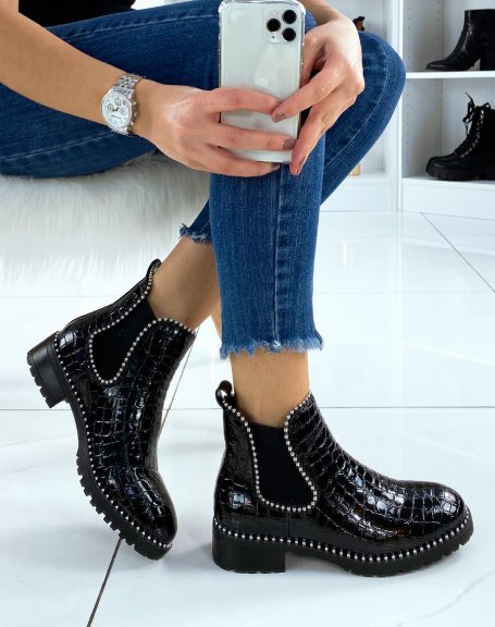 Black croc-effect patent Chelsea boots