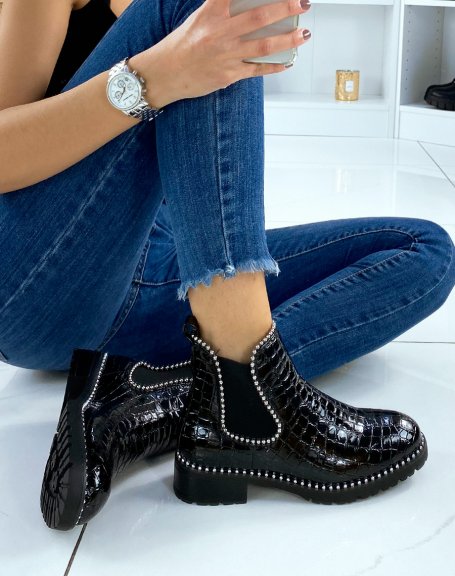 Black croc-effect patent Chelsea boots