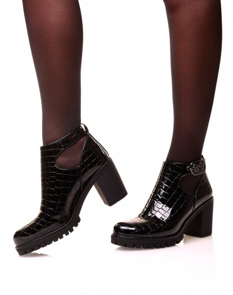 Black croc-effect patent leather ankle boot with open heel