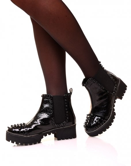 Black croc-effect patent leather ankle boots with studs