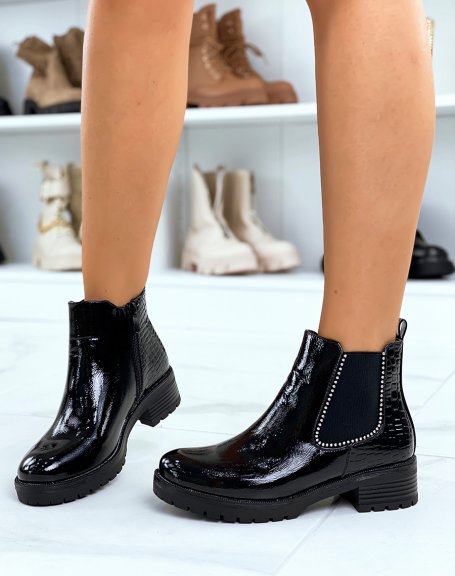 Black croc-effect patent leather Chelsea boots with small silver studs