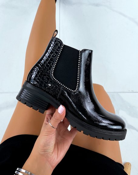 Black croc-effect patent leather Chelsea boots with small silver studs