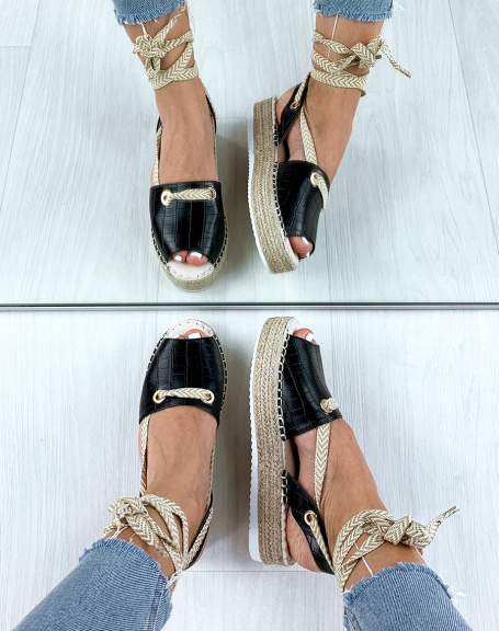 Black croc-effect platform sandals
