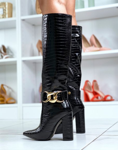 Black croc-effect pointed heel boots