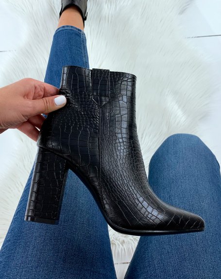 Black croc-effect pointed toe ankle boots