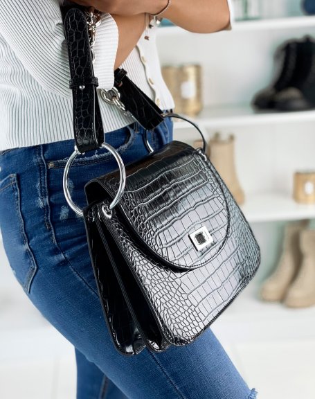 Black croc-effect rounded handbag with silver chain