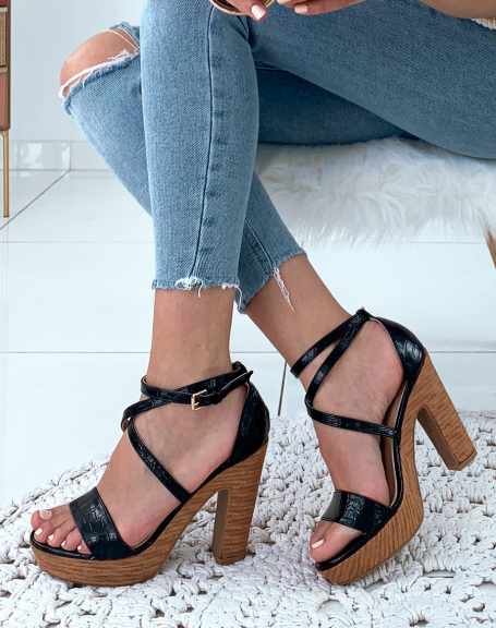 Black croc-effect sandals with camel heels and platforms