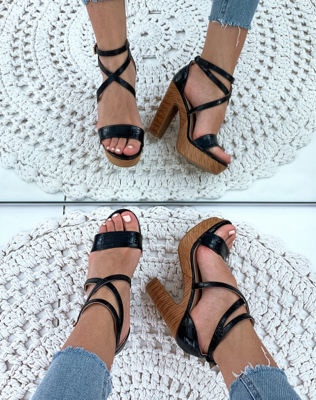 Black croc-effect sandals with camel heels and platforms