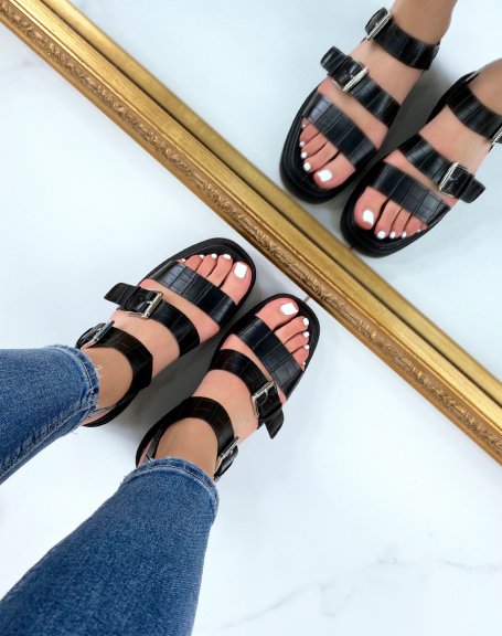 Black croc effect sandals with multiple chunky straps and notched sole