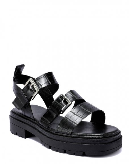 Black croc effect sandals with multiple chunky straps and notched sole
