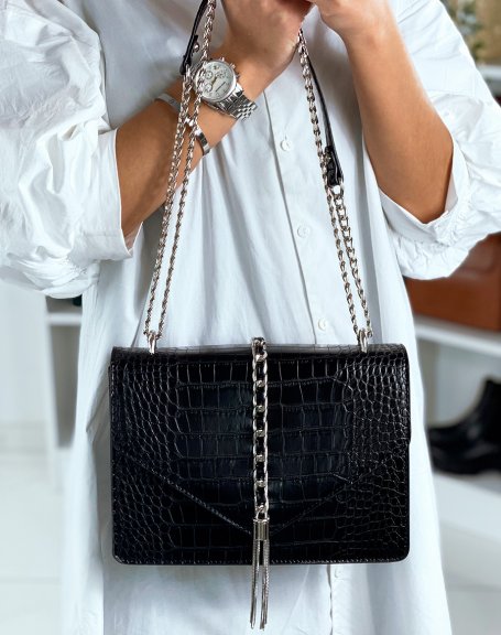 Black croc-effect shoulder bag with silver details