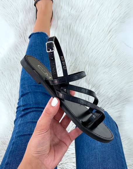 Black croc-effect slippers with multiple crisscrossing straps