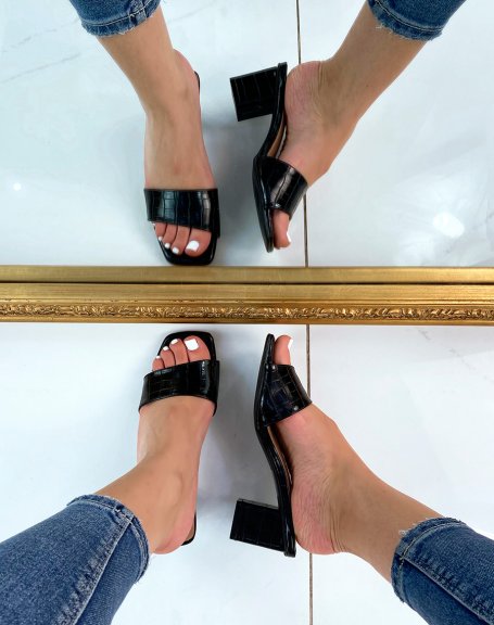 Black croc-effect square heel sandals