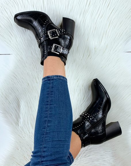 Black croc-effect square-toe ankle boots