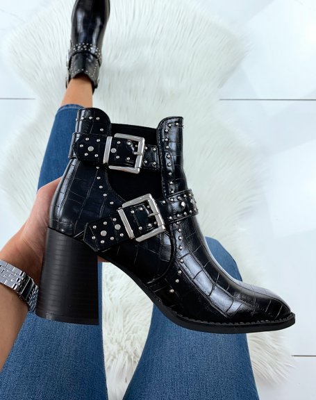 Black croc-effect square-toe ankle boots