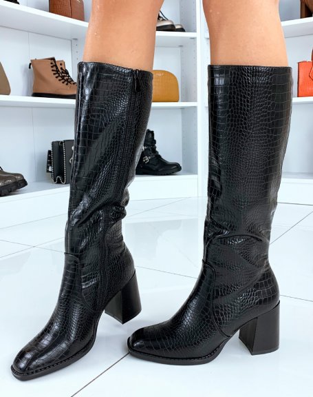 Black croc-effect square-toe boots