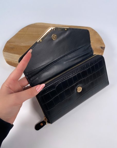 Black croc-effect wallet with gold detail