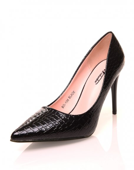 Black croc pumps with stiletto heels