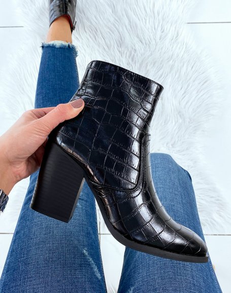 Black crocodile ankle boots with heel and square toe