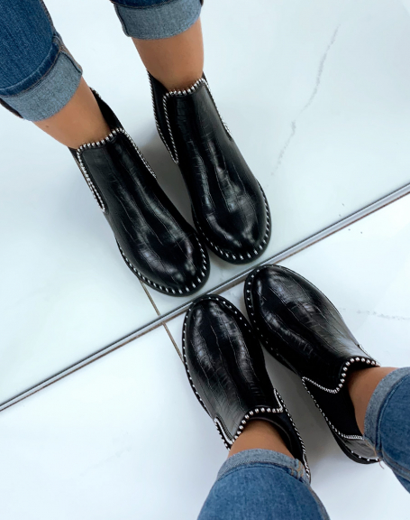 Black crocodile-effect ankle boots and silver ornamental pearl
