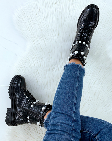 Black crocodile high ankle boots with pearls