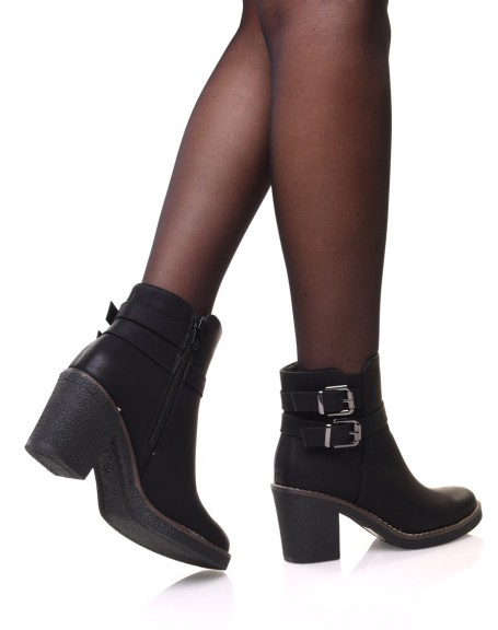 Black distressed ankle boots with buckles