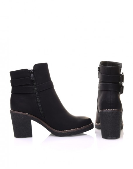 Black distressed ankle boots with buckles