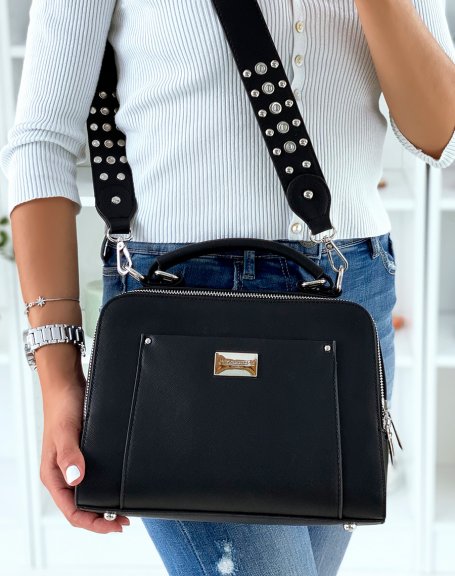 Black Double Pocket Satchel Style Handbag