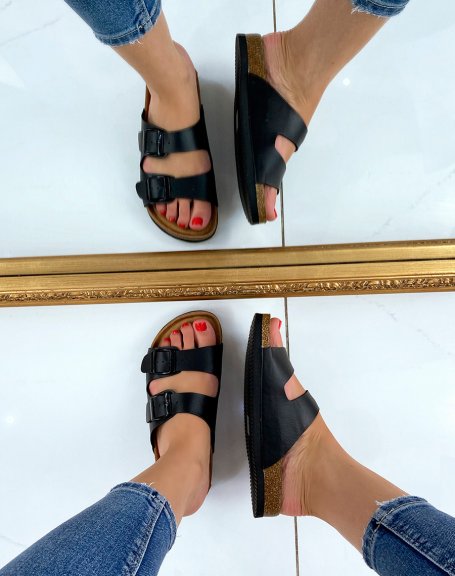 Black double strap flat sandals