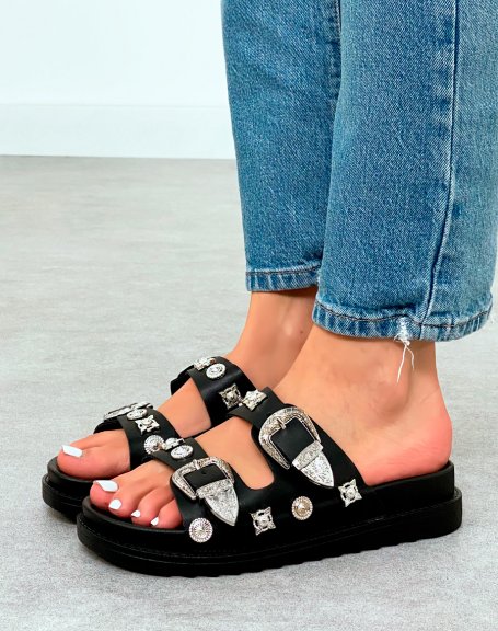 Black double strap mules with silver jewels